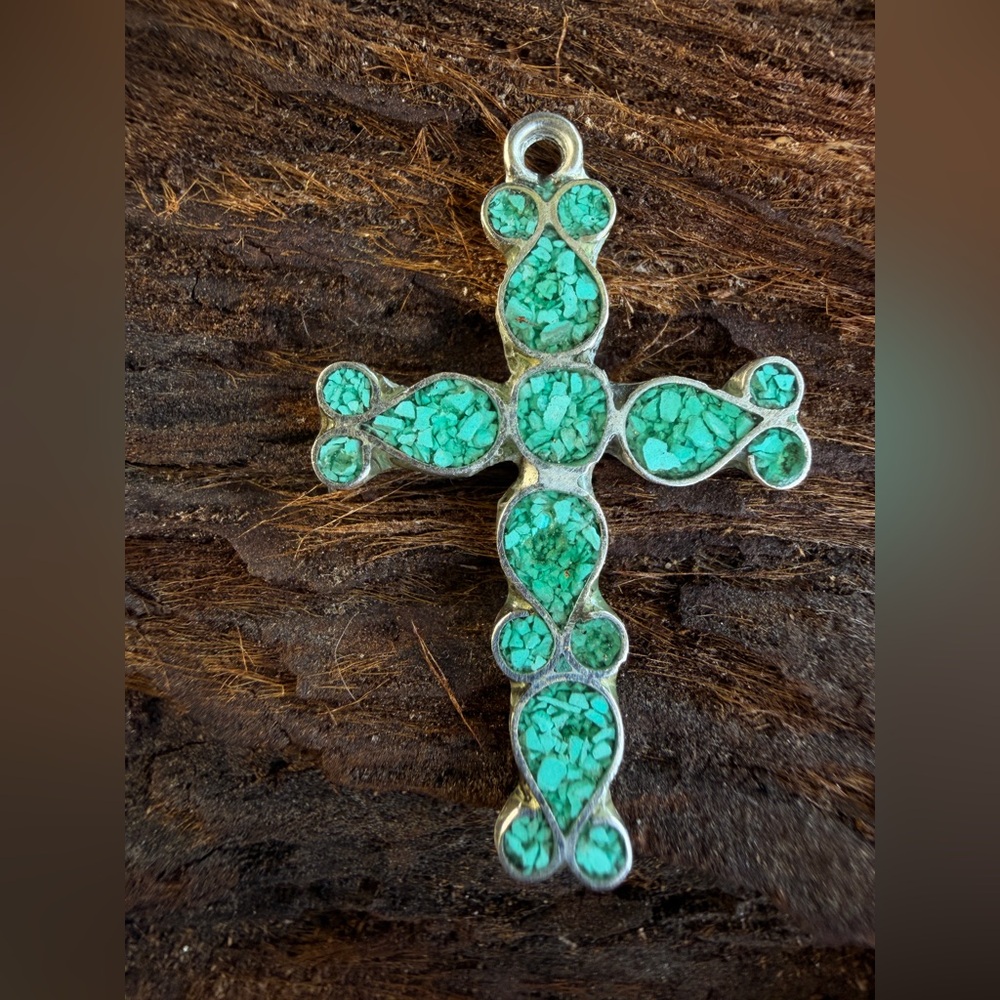 Vintage Mexico Sterling Turquoise Cross Pendant |Green Teal Crushed Chip Inlay
